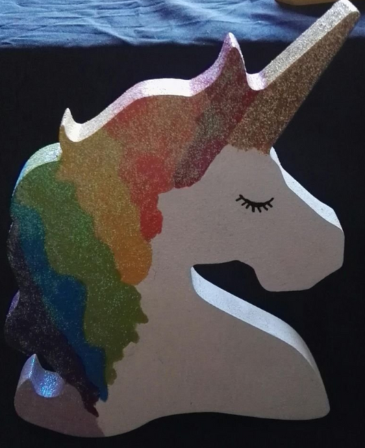 wooden freestanding unicorn with rainbow